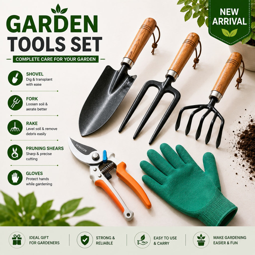 Premium 5-Piece Garden Tools Kit – Trowel, Fork, Rake, Shears & Gloves