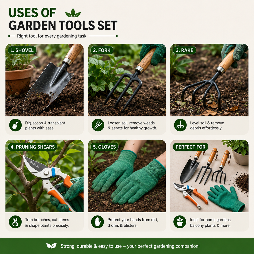 Premium 5-Piece Garden Tools Kit – Trowel, Fork, Rake, Shears & Gloves