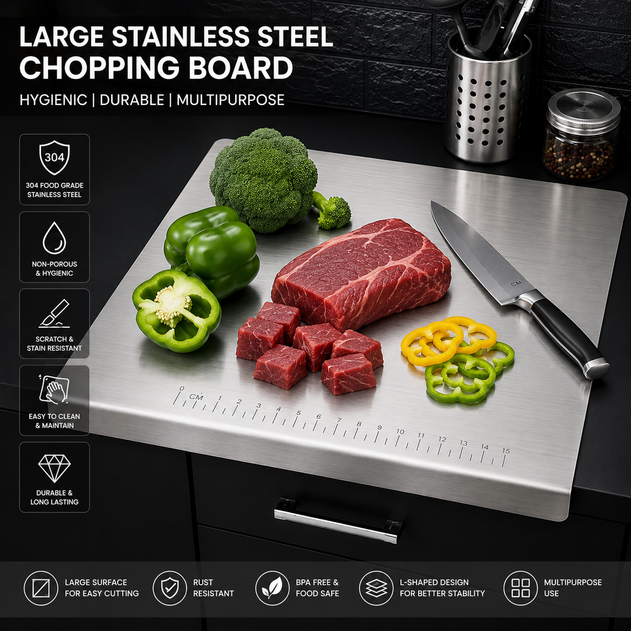 Premium Large Stainless Steel Chopping Board | Non-Porous Kitchen Cutting Board for Fruits, Vegetables & Meat