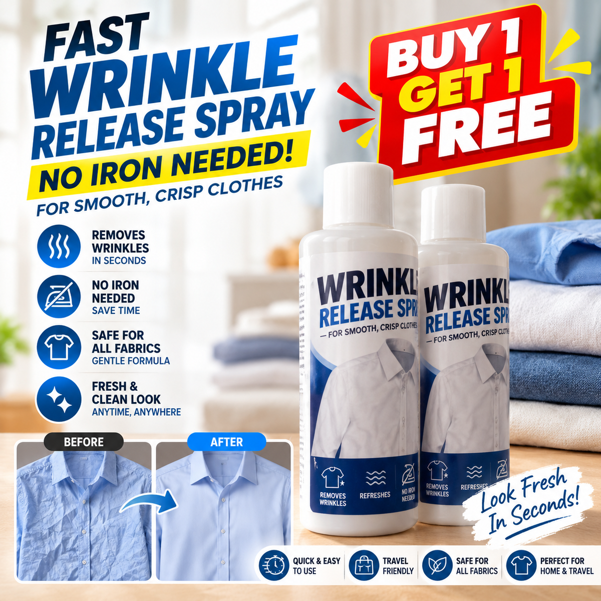 Buy 1 Get 1 FREE – Fast Wrinkle Release No-Iron Clothes Smoothing Spray 100ml | Instant Fabric Wrinkle Remover