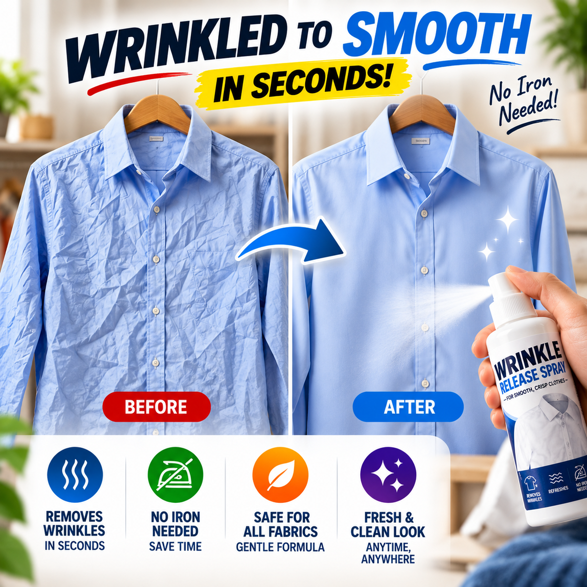Buy 1 Get 1 FREE – Fast Wrinkle Release No-Iron Clothes Smoothing Spray 100ml | Instant Fabric Wrinkle Remover