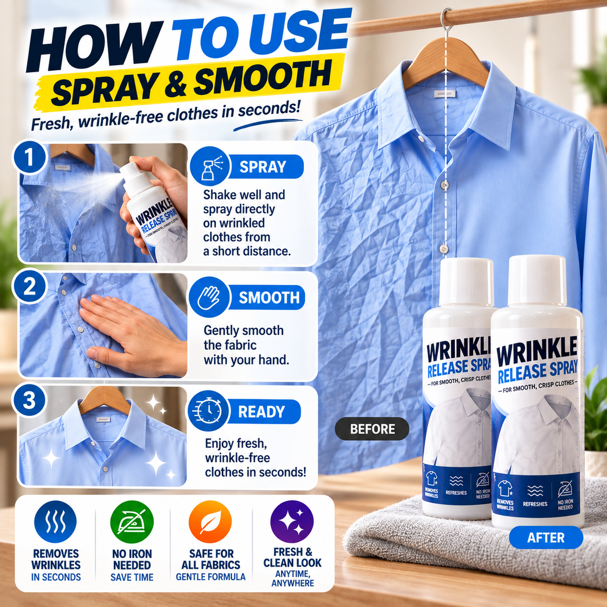 Buy 1 Get 1 FREE – Fast Wrinkle Release No-Iron Clothes Smoothing Spray 100ml | Instant Fabric Wrinkle Remover