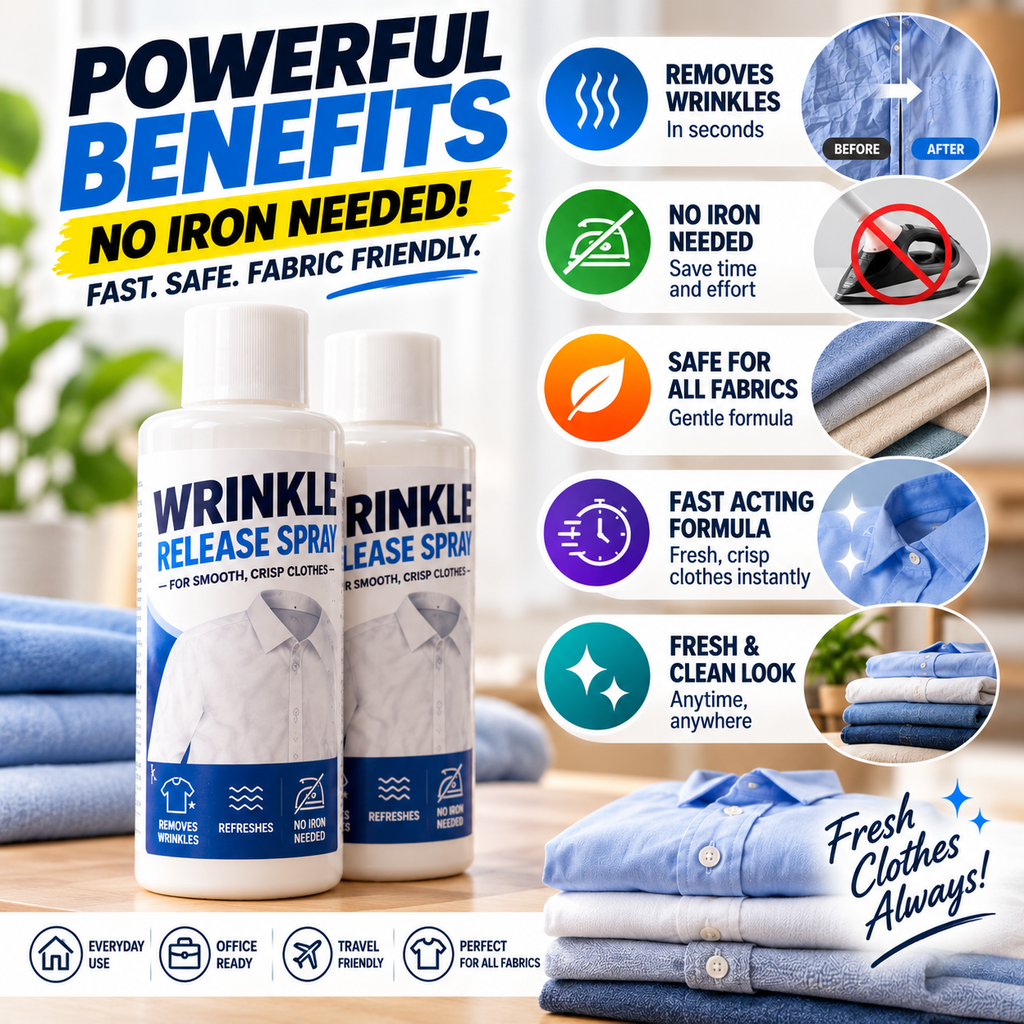 Buy 1 Get 1 FREE – Fast Wrinkle Release No-Iron Clothes Smoothing Spray 100ml | Instant Fabric Wrinkle Remover