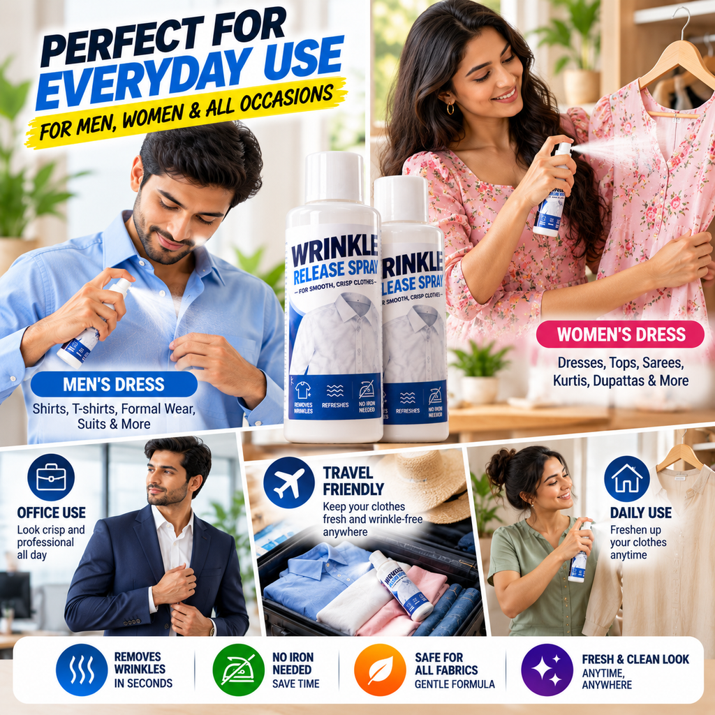 Buy 1 Get 1 FREE – Fast Wrinkle Release No-Iron Clothes Smoothing Spray 100ml | Instant Fabric Wrinkle Remover
