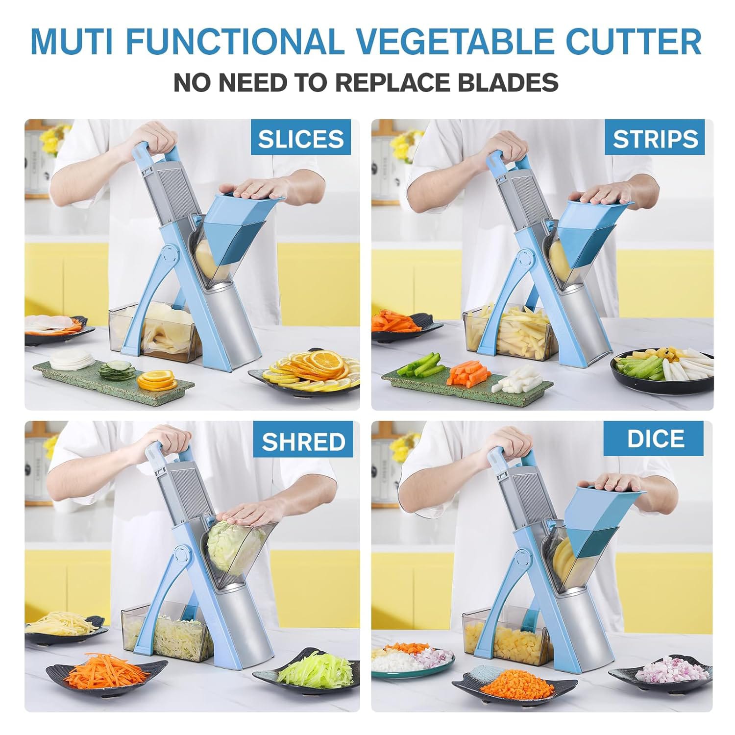 Multifunction Vegetable Chopper & Slicer for Kitchen | Manual Food Cutter with Interchangeable Stainless Steel Blades