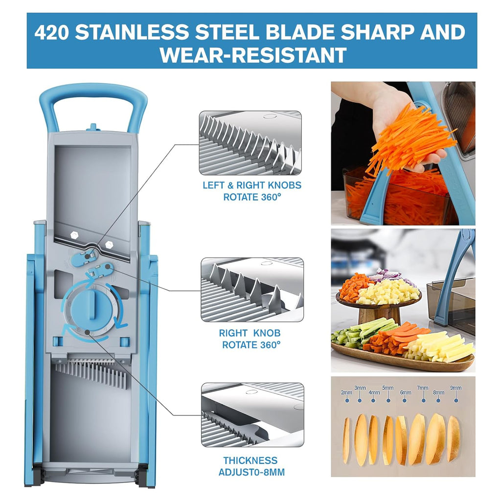 Multifunction Vegetable Chopper & Slicer for Kitchen | Manual Food Cutter with Interchangeable Stainless Steel Blades